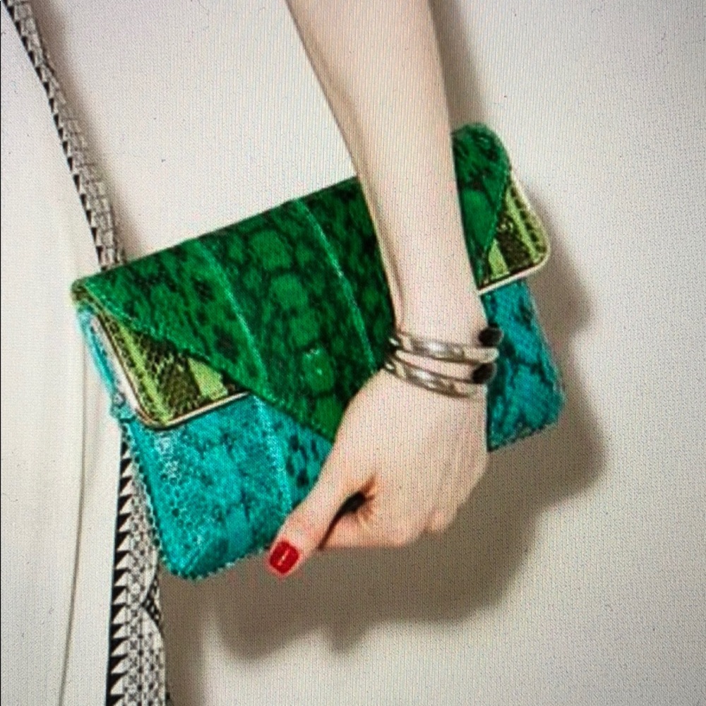Brian Atwood Green and Teal Snakeskin Envelope Clutch